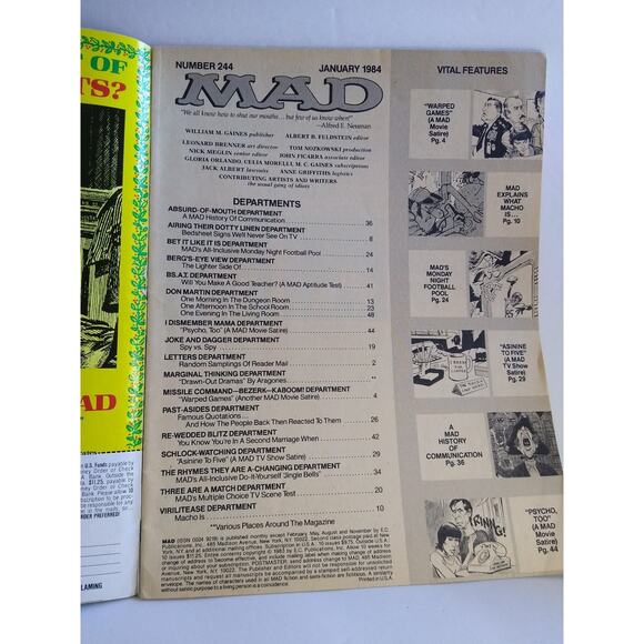 MAD #244 Mad Magazine War Games Psycho II Movie Satire Comic Book January 1984 - Picture 2 of 5